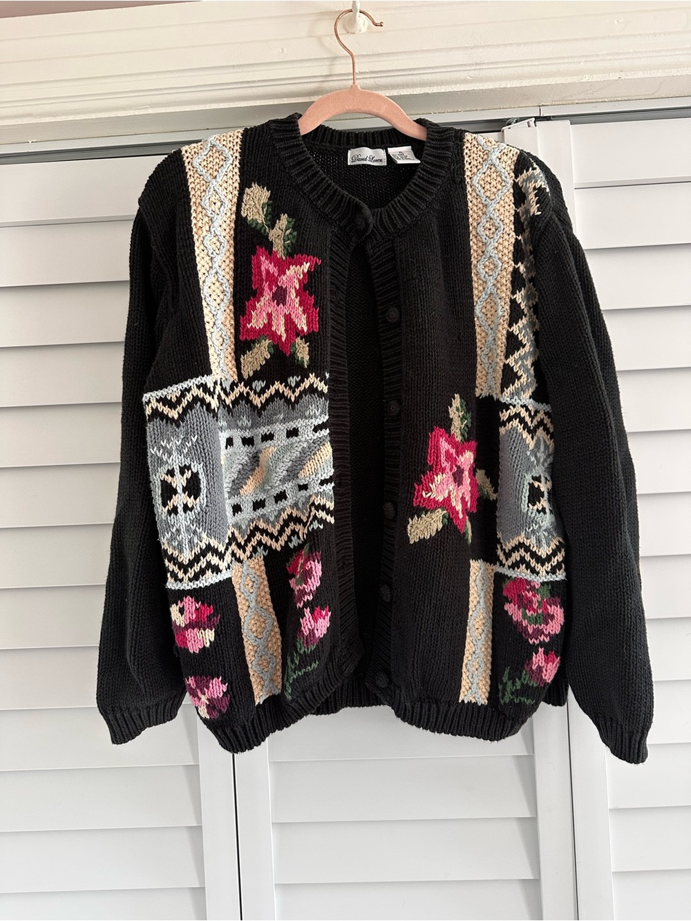 VTG Black Floral Knit Cardigan Sweater
